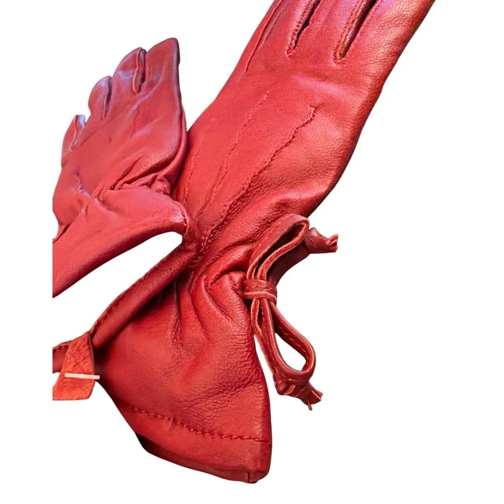 Vintage Deadstock Leather Gloves Red Thinsulate Winter Chic Bow Detail NWT